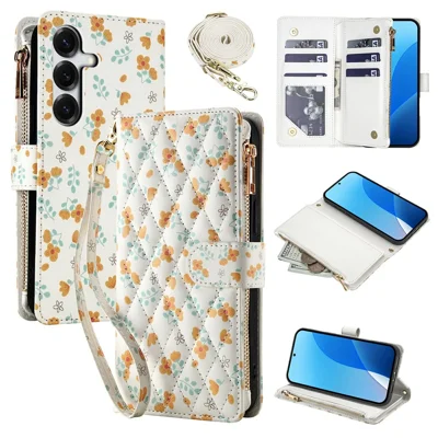 Leather Case For Samsung Galaxy S25  /  S24 Rhombic Floral Pattern Zipper Wallet Phone Cover with Wrist Strap   /   Shoulder Strap - A3