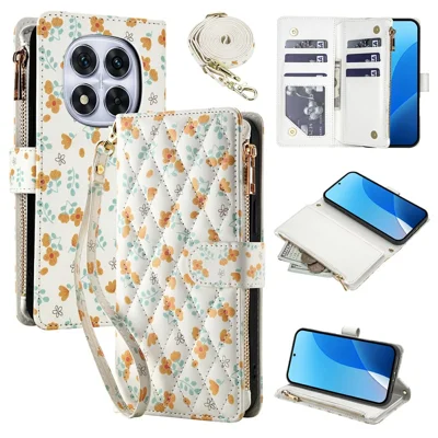 Funda de Cuero para Xiaomi Redmi Note 14 Pro 5G / Poco X7 5G / Redmi Note 14 Pro+ 5G, Diseño Floral Rómbico, Funda Tipo Cartera con Cremallera y Correa de Muñeca / Correa de Hombro - A3