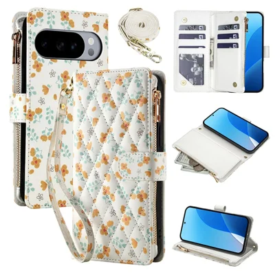 Leather Case For Google Pixel 10 Pro XL  /  9 Pro XL Rhombic Floral Pattern Zipper Wallet Phone Cover with Wrist Strap   /   Shoulder Strap - A3