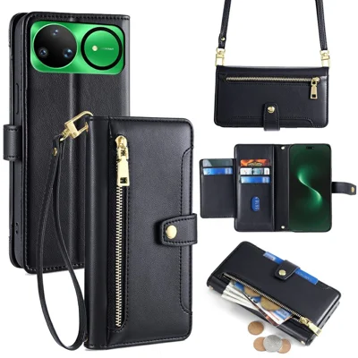 For Huawei nova 15 Ultra 5G Leather Case Zipper Pocket Wallet Phone Cover with 2 Straps - Black