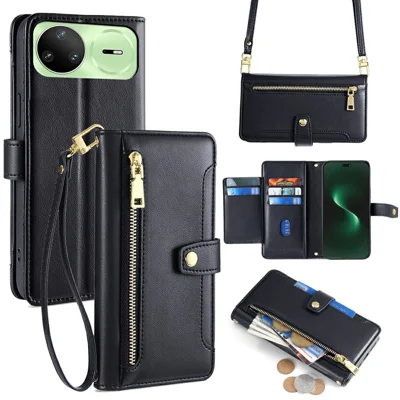 Étui en cuir pour Huawei nova 15 Pro 5G avec poche à fermeture éclair, portefeuille, 2 sangles - Noir
