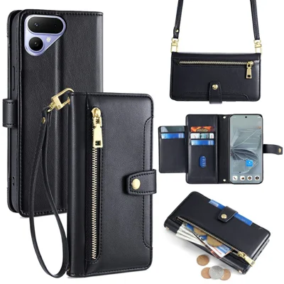 For TECNO Pova Curve 2 5G Leather Case Zipper Pocket Wallet Phone Cover with 2 Straps - Black