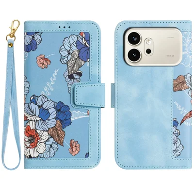 For Honor 600 5G Case PU Leather Floral Phone Cover with Card Slots and Wrist Strap - Baby Blue