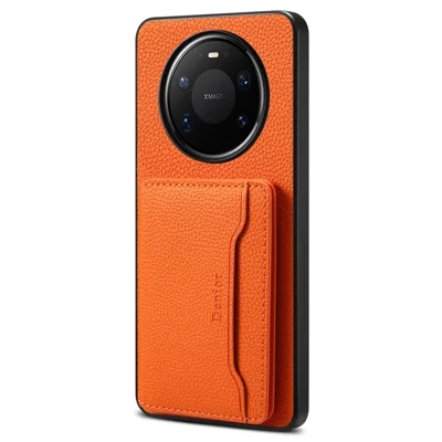 DENIOR D30 для Huawei Mate 80 Pro Max магнитный чехол съемный держатель карт подставка чехол из кожи с текстурой личи - оранжевый