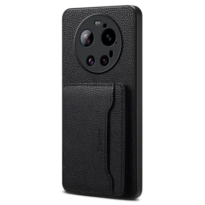 DENIOR D30 For Xiaomi 17 Ultra 5G Magnetic Case Detachable Card Holder Kickstand Litchi Texture Leather Back Phone Cover - Black