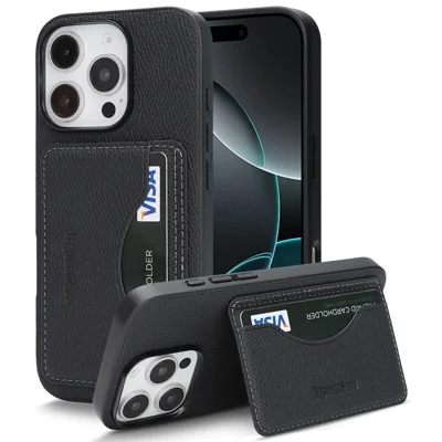  For iPhone 15 Pro Max HGUANCASE Case Vintage Leather TPU Phone Cover with Magnetic Card Holder Kickstand - Black