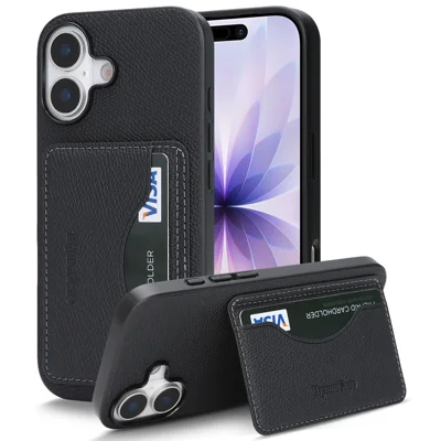 Für iPhone 17 HGUANCASE Hülle Vintage-Leder TPU-Handyhülle mit magnetischer Kartenhalterung und Ständer - Schwarz
