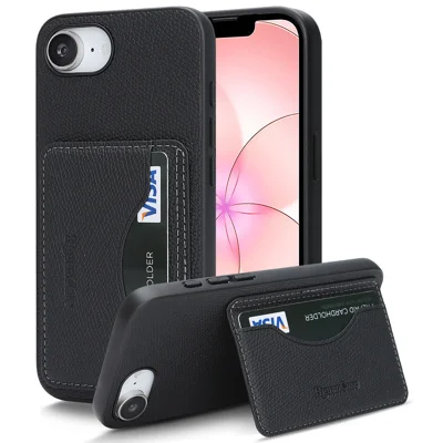 Voor iPhone 16e / iPhone 17e HGUANCASE hoesje Vintage Leather TPU telefoonhoesje met magnetische kaarthouder en standaard - Zwart