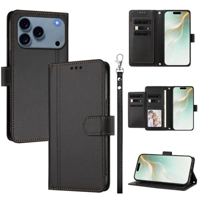 For iPhone 17 Pro Max Coque 9 Emplacements Cartes Housse Pliable Portefeuille en Cuir PU avec Sangle de Poignet - Noir