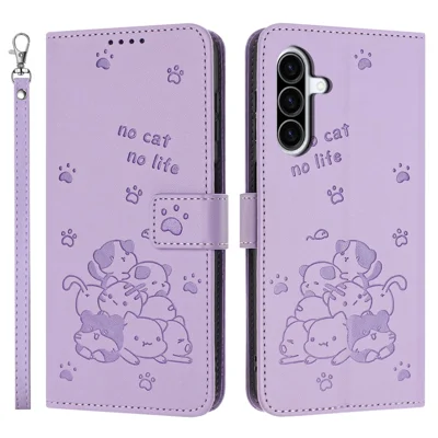 For Samsung Galaxy A27 5G Wallet Case Cats Imprint Leather Phone Cover with Strap - Purple