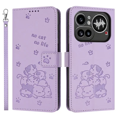 For Nothing Phone (4a) Pro Wallet Case Cats Imprint Leather Phone Cover with Strap - Paars