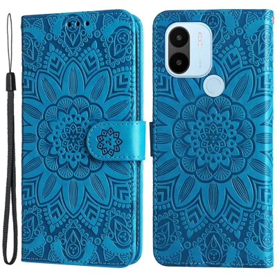 Cover per Xiaomi Redmi A1+ 4G / A2+ 4G / Poco C50 4G in PU Leather con Motivo di Girasole Stampato, Copertura Totale, Chiusura Magnetica, Cover a Libro con Supporto e Cinturino da Polso - Blu
