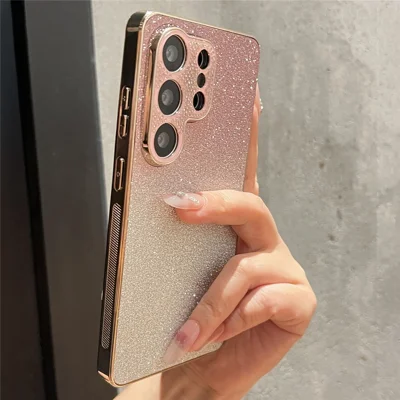For Samsung Galaxy S25 Ultra Case Gradient Glitter TPU+PC Phone Cover with Rhinestones Decor Camera Frame - Gradient Pink