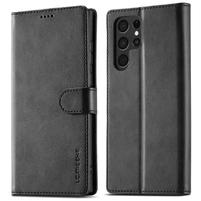 LC.IMEEKE لجهاز Samsung Galaxy S23 Ultra، غطاء هاتف مقاوم للخدوش بنسيج عجل، بمشبك مغناطيسي، من جلد PU، بتصميم محفظة قابلة للطي مع حامل - أسود