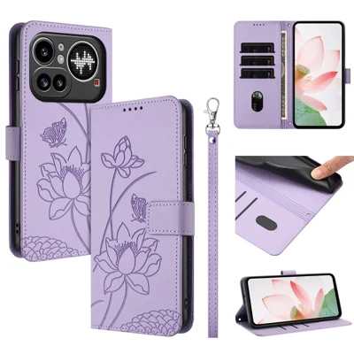 Til Nothing Phone (4a) Pro Case Wallet Stand Lotus Print Læder Telefonbeskyttelse med Håndledsrem - Lilla