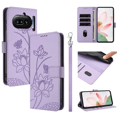 Cover per Nothing Phone (4a) Portafoglio Supporto in Pelle con Stampe a Fiore di Loto e Cinturino da Polso - Viola
