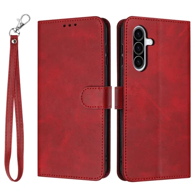 For Samsung Galaxy A27 5G Wallet Case Flip Stand Calf Texture PU Leather Phone Cover with Strap - Red
