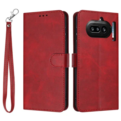 Til Nothing Phone (4a) Wallet Case Flip Stand Kalvlæder PU Læder Telefonbeskytning med Snor - Rød