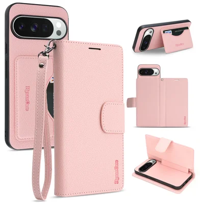  For Google Pixel 9 Pro XL HGUANCASE Case Wallet Stand Detachable Vintage Leather Phone Cover with Wrist Strap - Pink