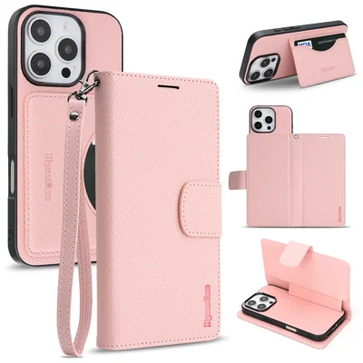  For iPhone 13 Pro Max HGUANCASE Case Wallet Stand Detachable Vintage Leather Phone Cover with Wrist Strap - Pink