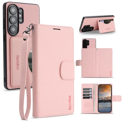  For Samsung Galaxy S24 Ultra HGUANCASE Case Wallet Stand Detachable Vintage Leather Phone Cover with Wrist Strap - Pink