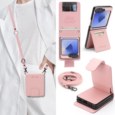  For Samsung Galaxy Z Flip7 FE 5G / Galaxy Z Flip6 5G HGUANCASE Case Wallet Stand Detachable Vintage Leather Phone Cover with Wrist Strap - Pink