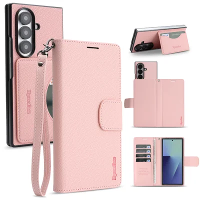  For Samsung Galaxy Z Fold6 5G HGUANCASE Case Wallet Stand Detachable Vintage Leather Phone Cover with Wrist Strap - Pink