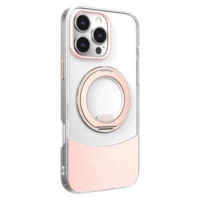 Achats en vrac pour iPhone 16 Plus - Coque transparente au design coloré, support métallique rotatif à 360°, housse anti-choc en TPU et acrylique - Rose