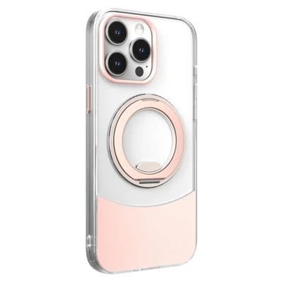 Achat en gros pour iPhone 15 Pro Max Coque Transparente Design Coloré Support Métallique Rotatif à 360° Housse Antichoc en TPU et Acrylique - Rose