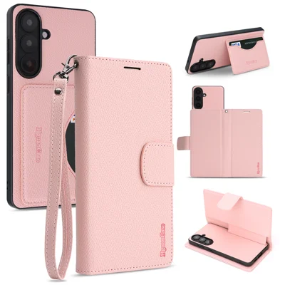  For Samsung Galaxy A35 5G HGUANCASE Case Wallet Stand Detachable Vintage Leather Phone Cover with Wrist Strap - Pink