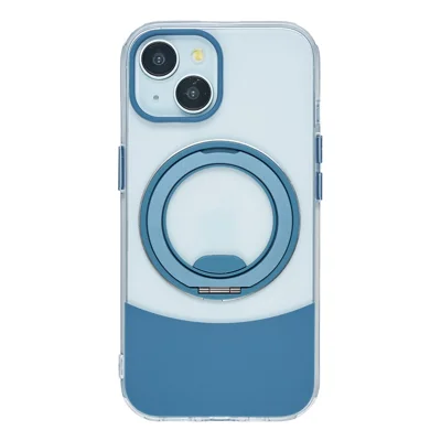 Bulk Purchasing For iPhone 15 Plus / 14 Plus Case Transparent Colorful Design 360° Rotating Metal Kickstand Shockproof TPU Acrylic Cover - Blue