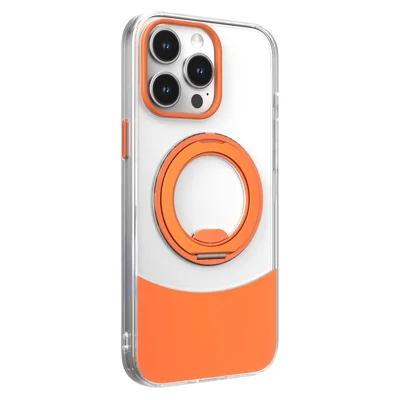 Bulk Purchasing For iPhone 14 Pro Max Case Transparent Colorful Design 360° Rotating Metal Kickstand Shockproof TPU Acrylic Cover - Orange