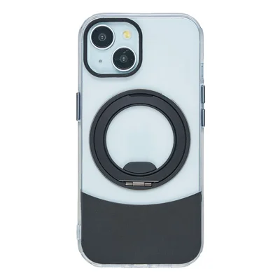 Indkøb i bulk til iPhone 14 / 13 tilbehør gennemsigtig farverig design 360° roterende metalstand chokbeskyttende TPU-acryl dæksel - Sort