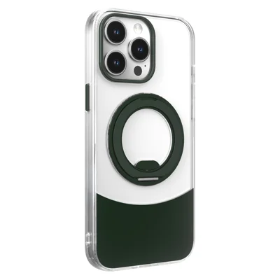 Bulk Purchasing For iPhone 13 Pro Max Case Transparent Colorful Design 360° Rotating Metal Kickstand Shockproof TPU Acrylic Cover - Green
