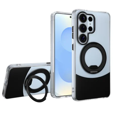 Bulk Purchasing For Samsung Galaxy S26 Ultra Case Transparent Colorful Design 360° Rotating Metal Kickstand Shockproof TPU Acrylic Cover - Black