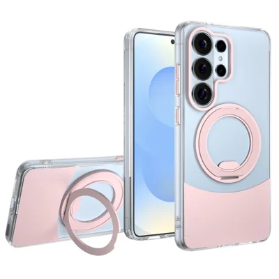 Bulk Purchasing For Samsung Galaxy S24 Ultra Case Transparent Colorful Design 360° Rotating Metal Kickstand Shockproof TPU Acrylic Cover - Pink