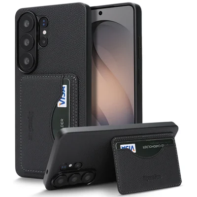  For Samsung Galaxy S24 Ultra HGUANCASE Case Vintage Leather TPU Phone Cover with Magnetic Card Holder Kickstand - Black