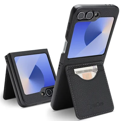  For Samsung Galaxy Z Flip6 5G / Galaxy Z Flip7 FE 5G HGUANCASE Case Vintage Leather TPU Phone Cover with Magnetic Card Holder Kickstand - Black