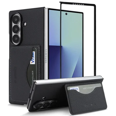  For Samsung Galaxy Z Fold6 5G HGUANCASE Case Vintage Leather TPU Phone Cover with Magnetic Card Holder Kickstand - Black