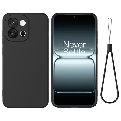 غطاء من السيليكون السائل لهاتف OnePlus Turbo 6 5G / OnePlus Nord 6 5G مع حزام يدوي - أسود