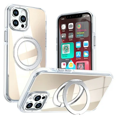 For iPhone 12 Pro Max Magnetic Case Fluorescent Design TPU Acrylic Phone Back Cover with 360° Rotating Kickstand - White
