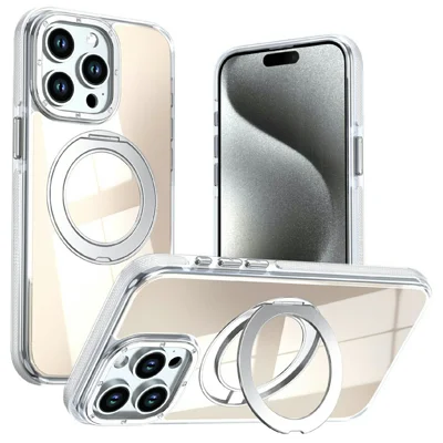 For iPhone 13 Pro Magnetic Case Fluorescent Design TPU Acrylic Phone Back Cover with 360° Rotating Kickstand - White
