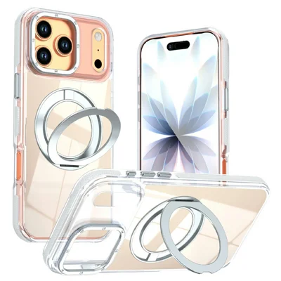 Capa Magnética para iPhone 17 Pro Max com Design Fluorescente, Capa Traseira em TPU e Acrílico com Suporte Giratório 360° - Branco