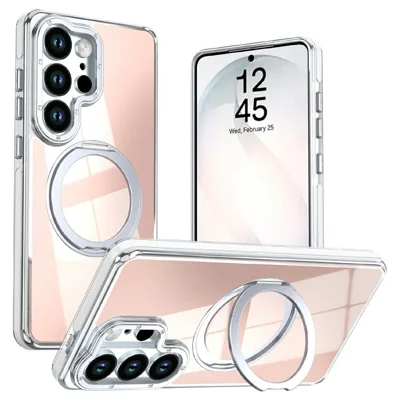 For Samsung Galaxy S23 Ultra Magnetic Case Fluorescent Design TPU Acrylic Phone Back Cover with 360° Rotating Kickstand - White