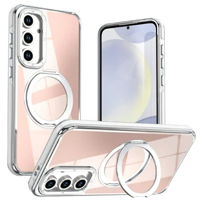 For Samsung Galaxy S23 FE Magnetic Case Fluorescent Design TPU Acrylic Phone Back Cover with 360° Rotating Kickstand - White