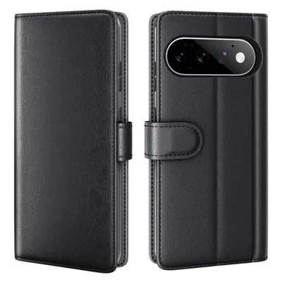 For Google Pixel 11 Case Genuine Split Leather Phone Cover with Wallet Stand - Black