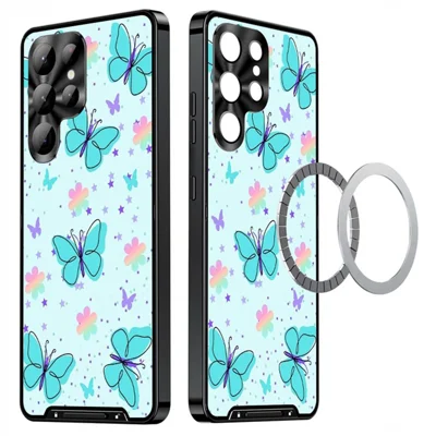 For Samsung Galaxy S24 Ultra Magnetic Case Butterfly Pattern PC+TPU Protective Phone Cover with Lens Film - LK00255-01