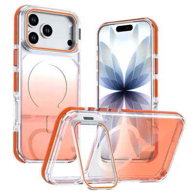 For iPhone 17 Pro Max Magnetic Case Gradient TPU PC Phone Back Cover with Lens Kickstand - Orange Gradient