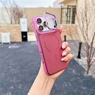 For iPhone 17 Pro Max Magnetisk Case med Stand PC+TPU Børstet Telefonbeskyttelse med Linseskytte - Pink