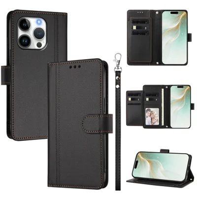  For iPhone 16 Pro Max Case 9 Card Slots PU Leather Flip Wallet Phone Cover with Hand Strap - Black